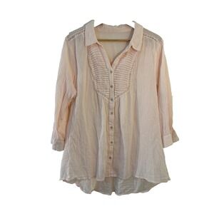 Womans Button Up Tunic Top Lagenlook Gauzy Pink Size 2X 3/4 Sleeve Preppy